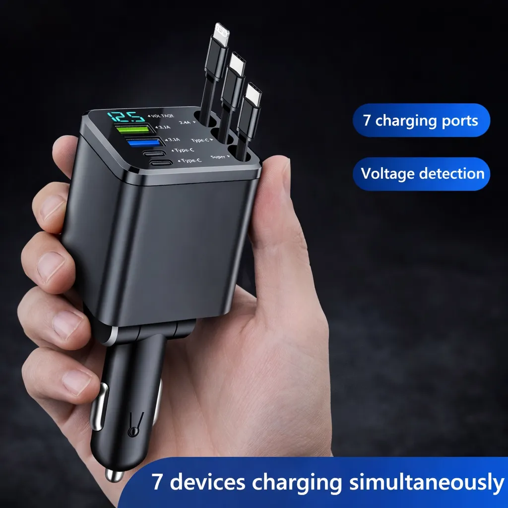 7 in 1 Retractable Car Charger Fast Charging USB 3.1A Type C Multi Phone Charger with Voltage Display for Android & USB Devices